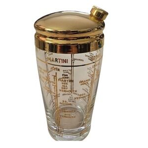 Vintage Mid Century Gold Recipe Glass Cocktail Shaker Martini Manhattan Bronx